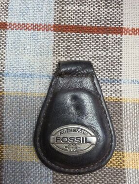 Fossil Black Leather Key Fob with Silver Metal Logo